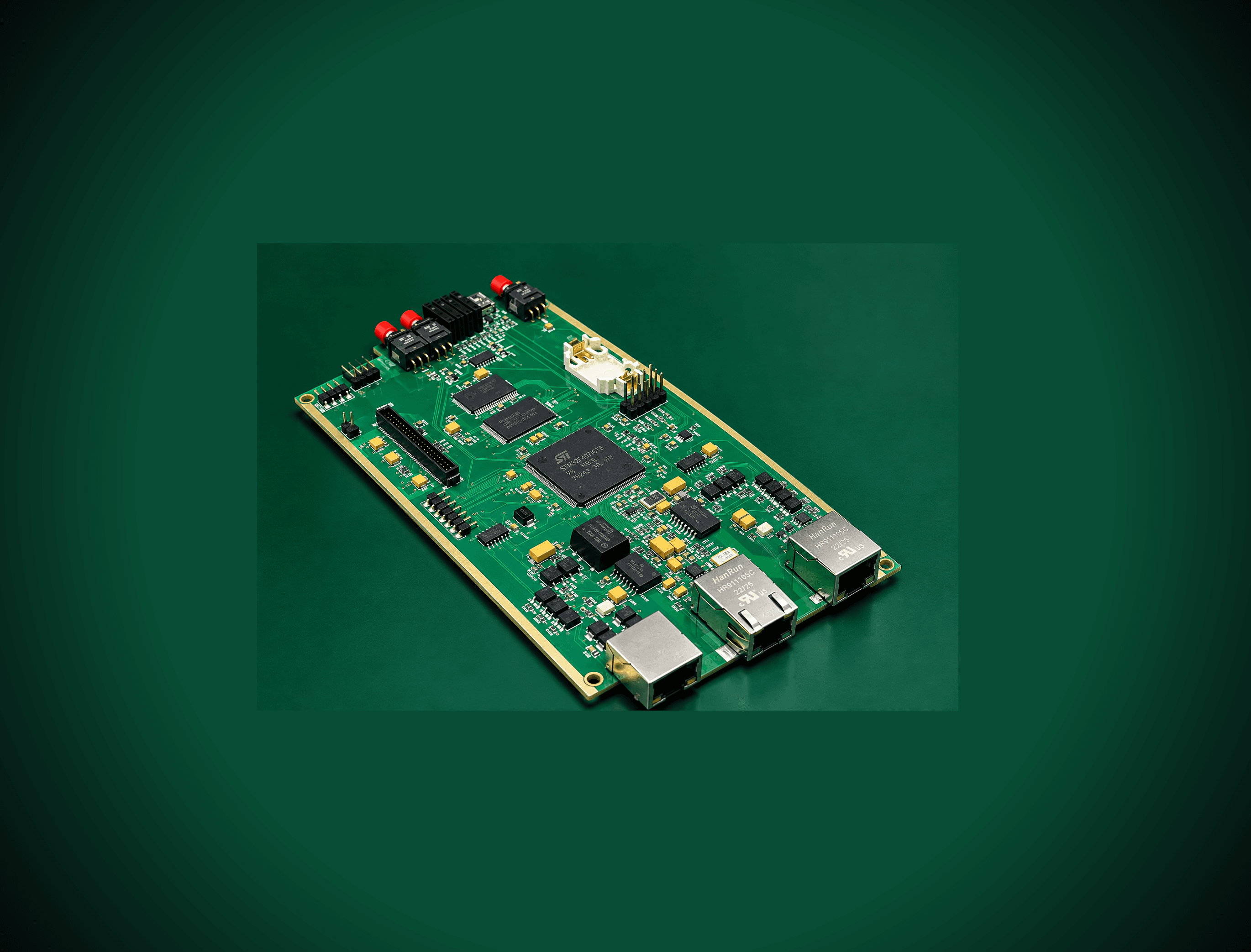 Assembled RTU circuit board with a Renesas Synergy MCU, LTE modem, and Ethernet/RS485 connectors