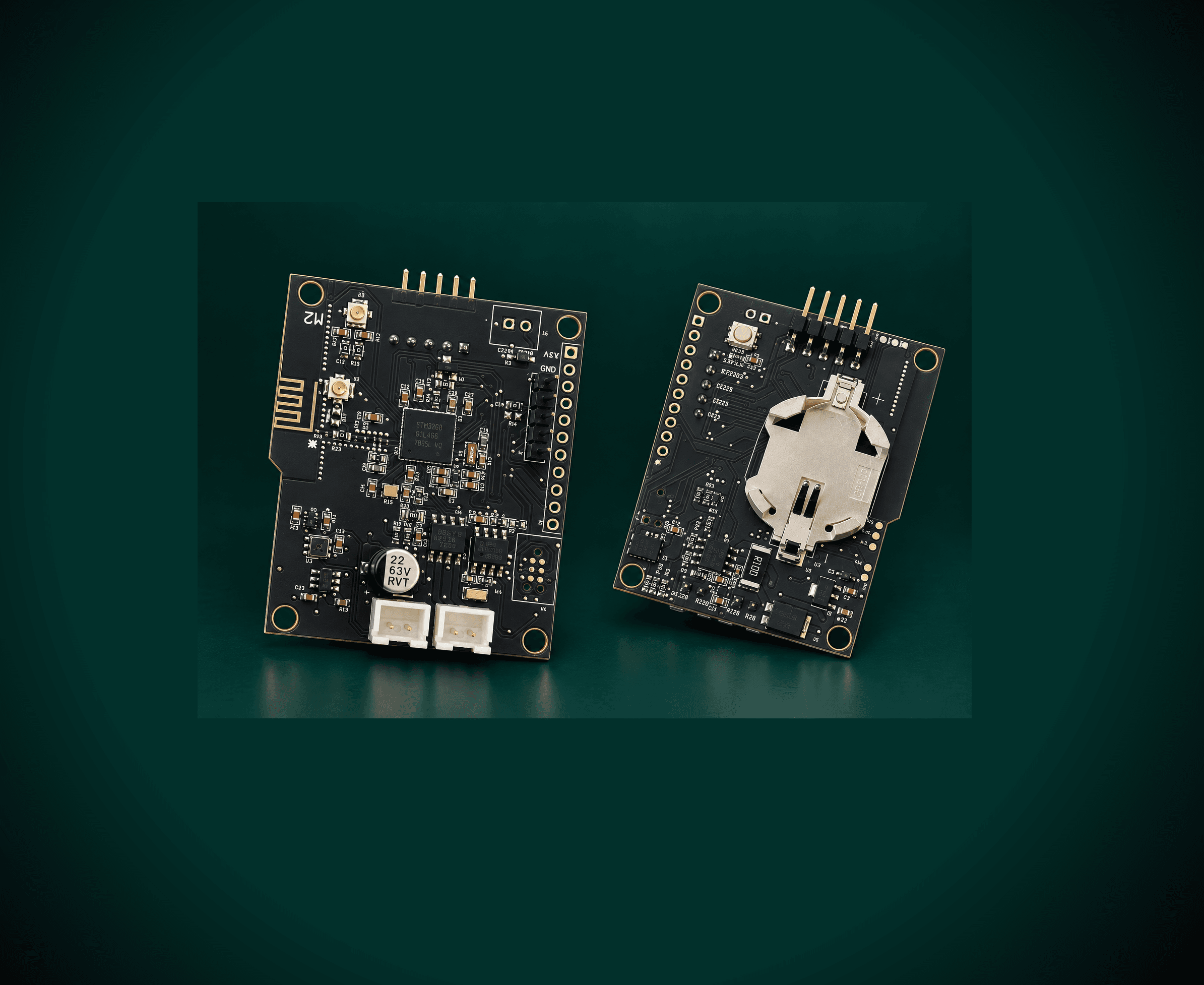 Both sides of the smart lock's two populated circuit boards, showing the BLE radio and PCB antenna, motor connectors, a coin-cell-backed RTC, and the pairing button
