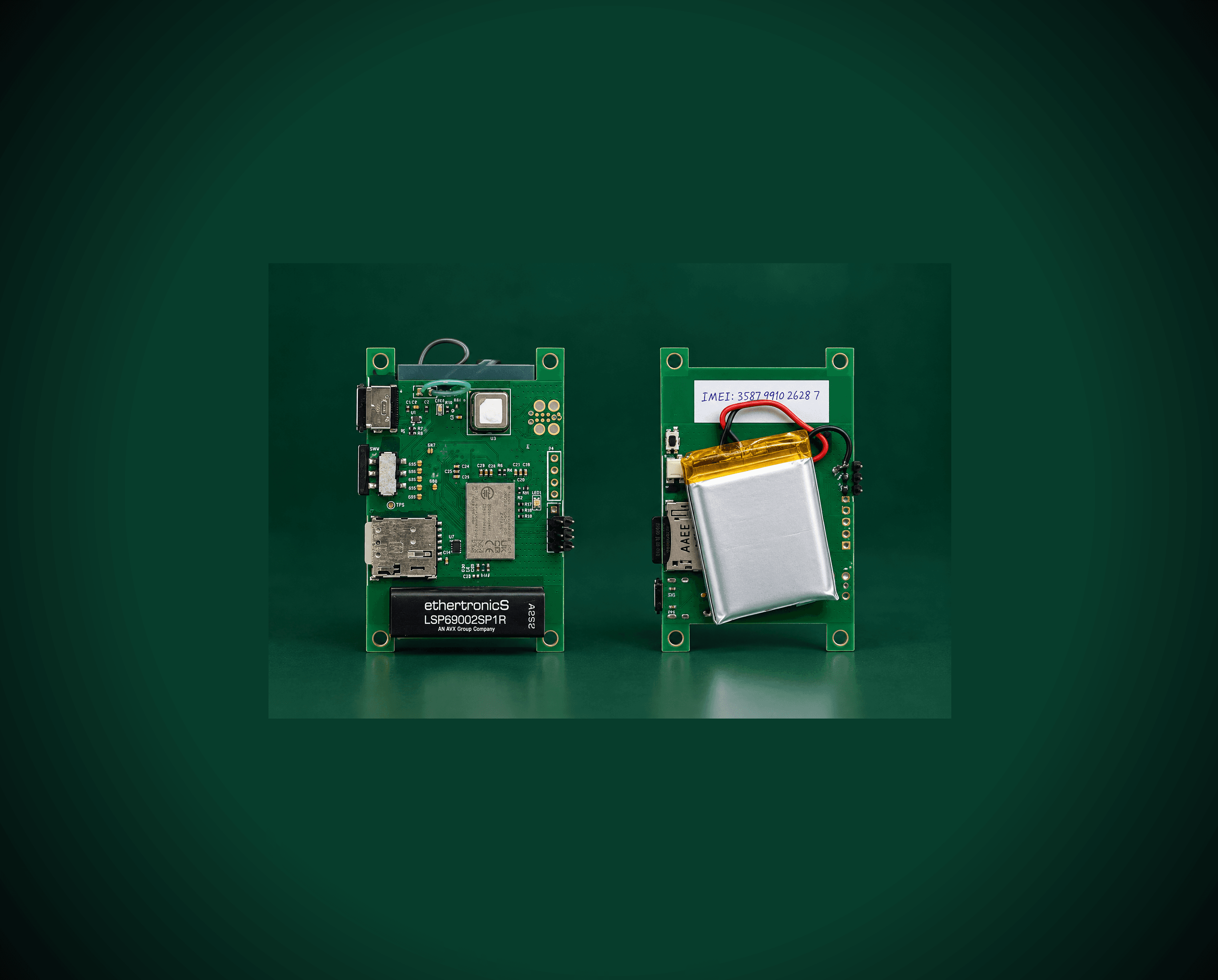Both sides of the cellular gas sensor's two populated circuit boards, showing the cellular module and SIM card slot, antenna, and a LiPo battery with its IMEI label