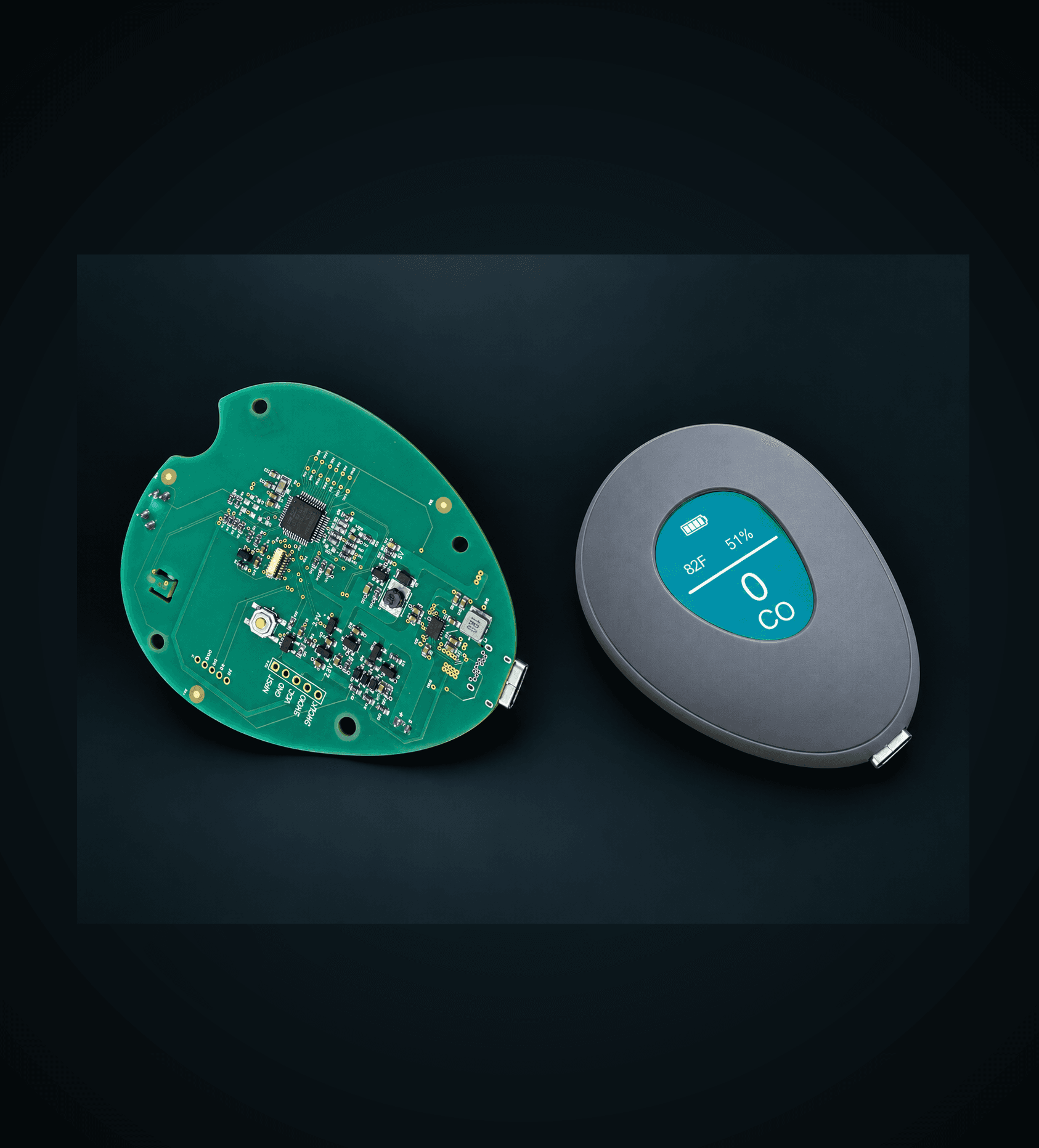 The CO detector's populated circuit board next to its assembled enclosure, showing the color display reading battery level, temperature, humidity, and a 0 CO ppm reading