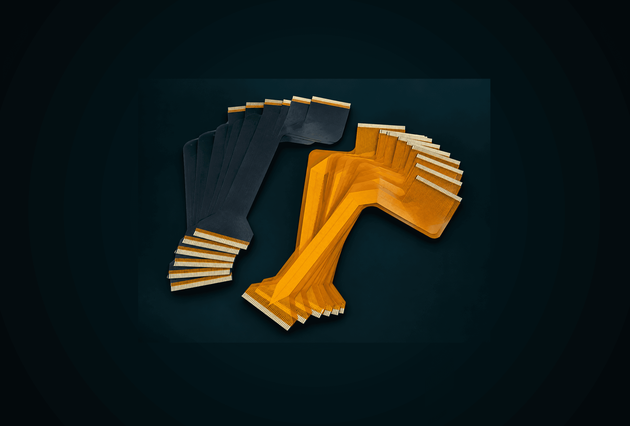 Two fanned-out sets of flex cables, one with a black coverlay and one with an exposed gold-and-polyimide layer, each terminating in rows of gold-plated contact fingers