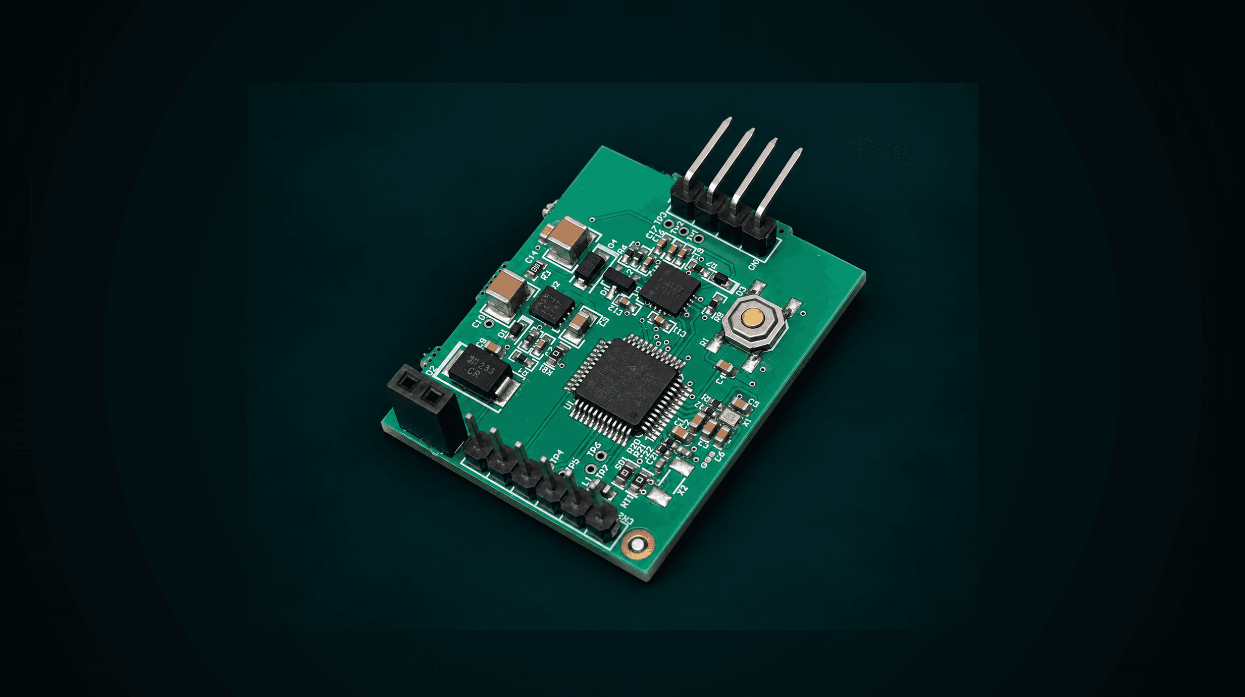 The populated analog output board, showing its STM32C031C6T6 MCU, output header pins, and screw-terminal connector