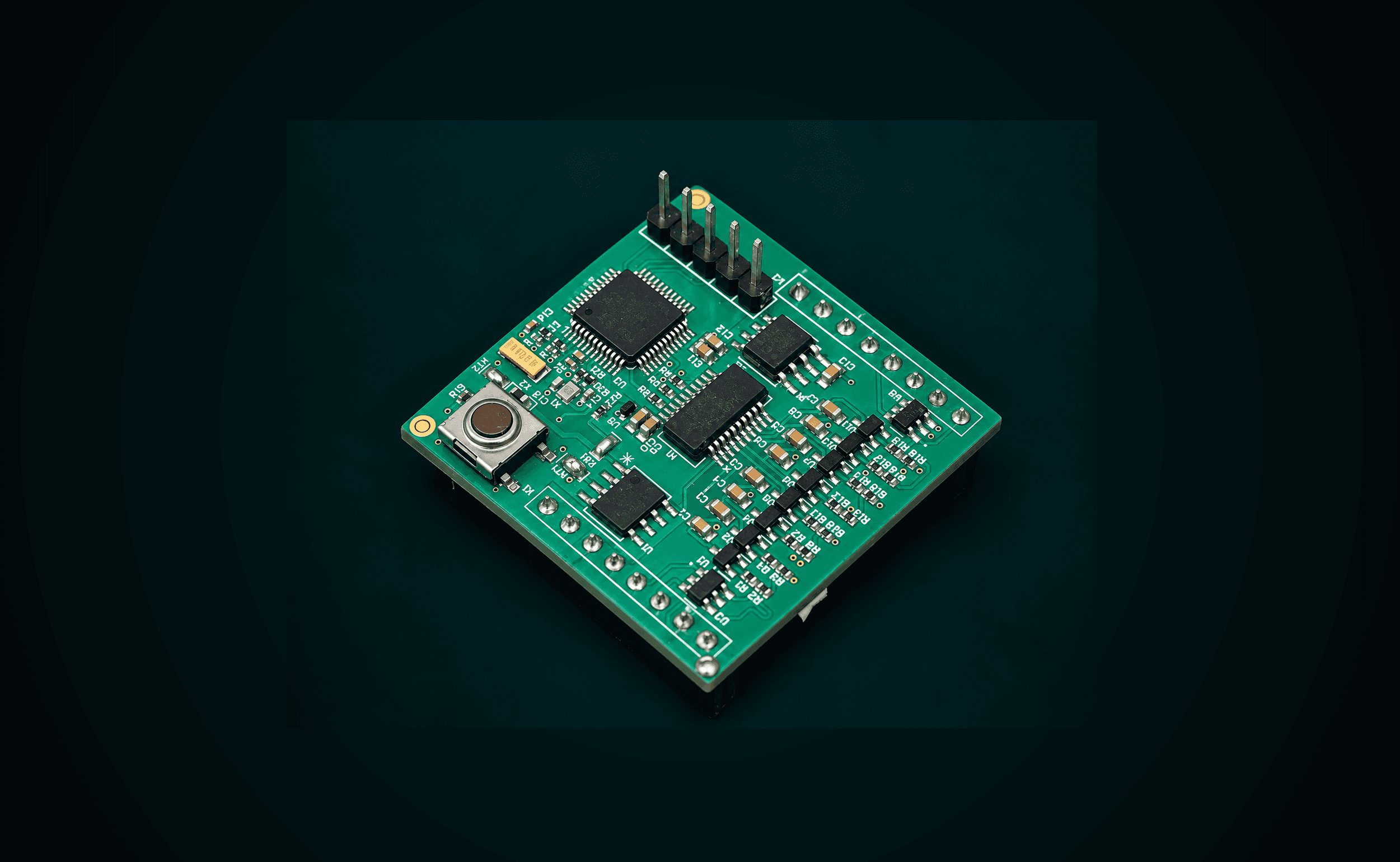 The populated analog input board, showing its STM32C031C6T6 MCU, ADC, header pins, and screw-terminal connector