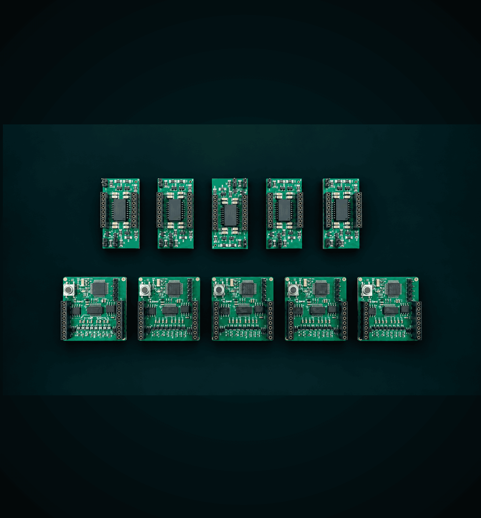 Ten populated RS-485 communication boards laid out in two rows, each showing its isolated transceiver, MCU, and header connectors