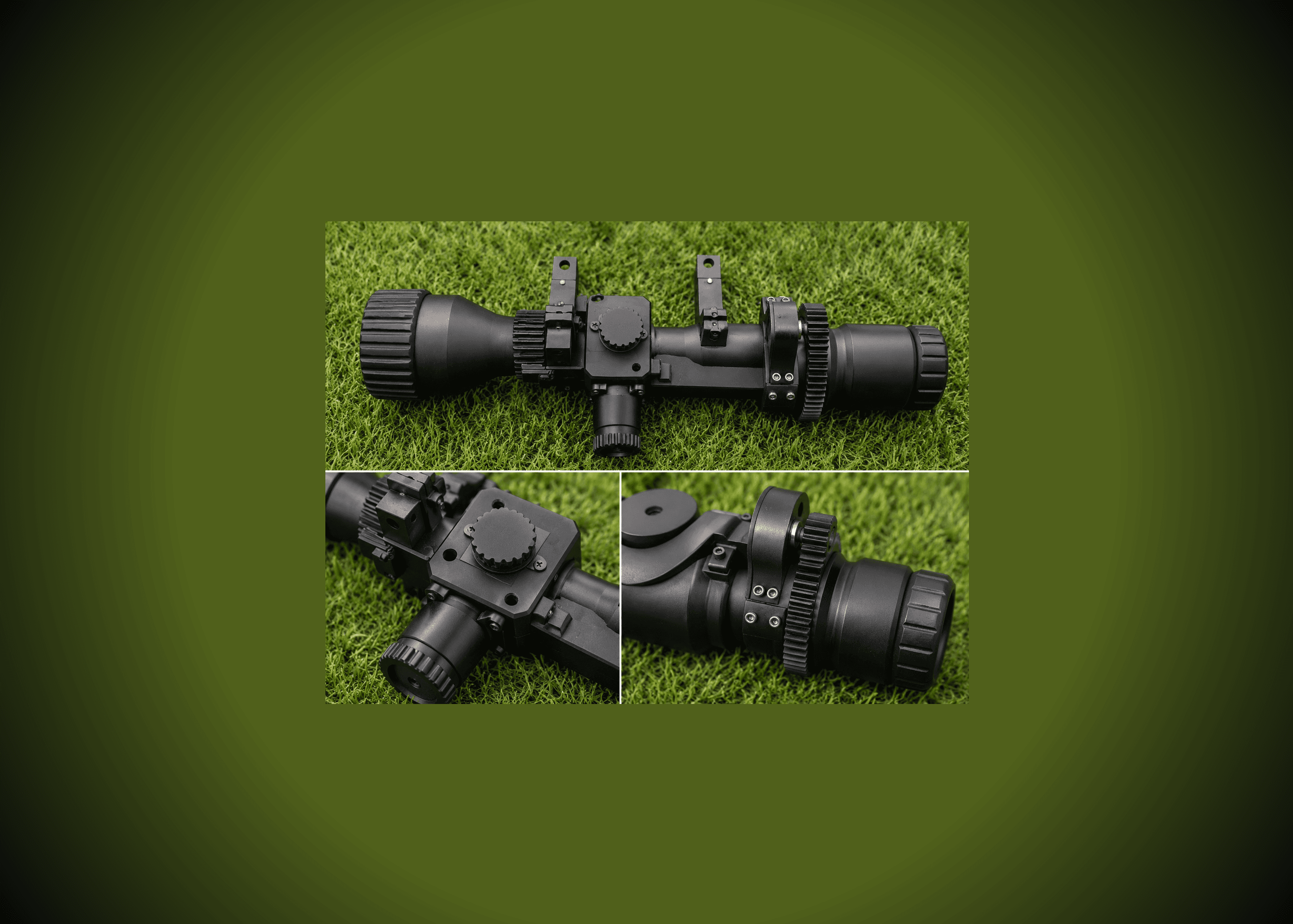 A rifle scope's mechanical assembly showing its adjustment turret, geared focus ring, and mounting rail interfaces