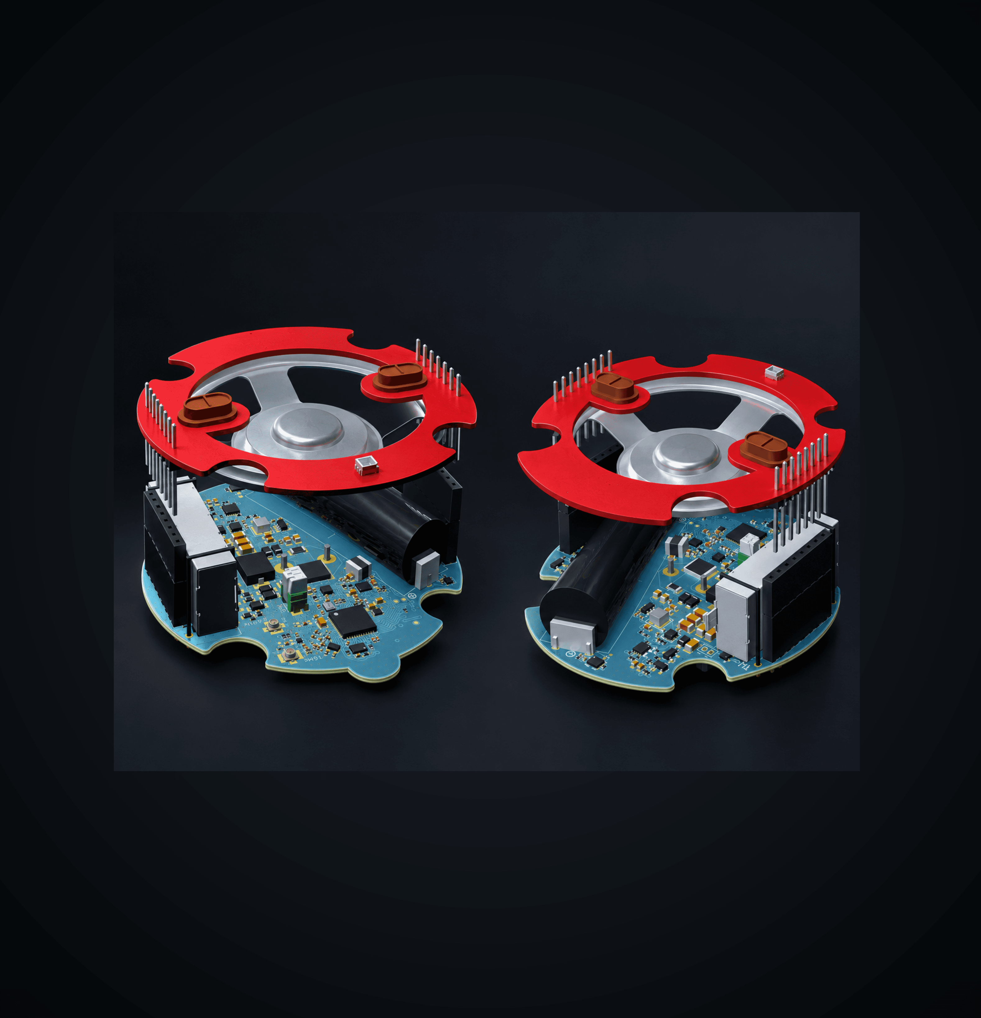 Two exploded-view renders of the pedestrian crossing button hardware, showing the red vandal-resistant dome button assembly lifted above its populated circuit board with header pins and connectors exposed