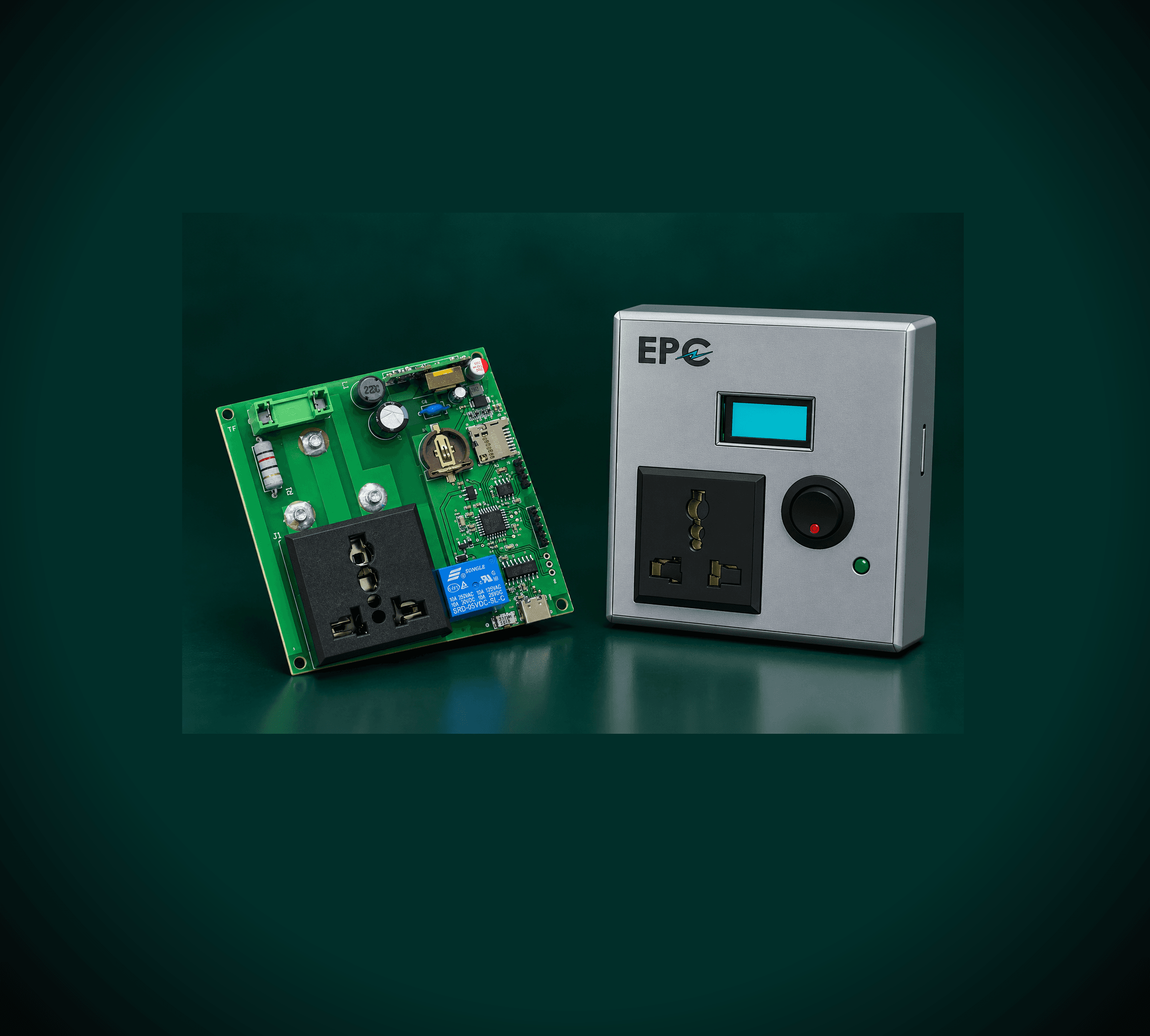 The relay controller's populated circuit board next to its assembled enclosure, showing the relay, coin-cell-backed RTC, SD card slot, USB-C port, display, and switched power outlet