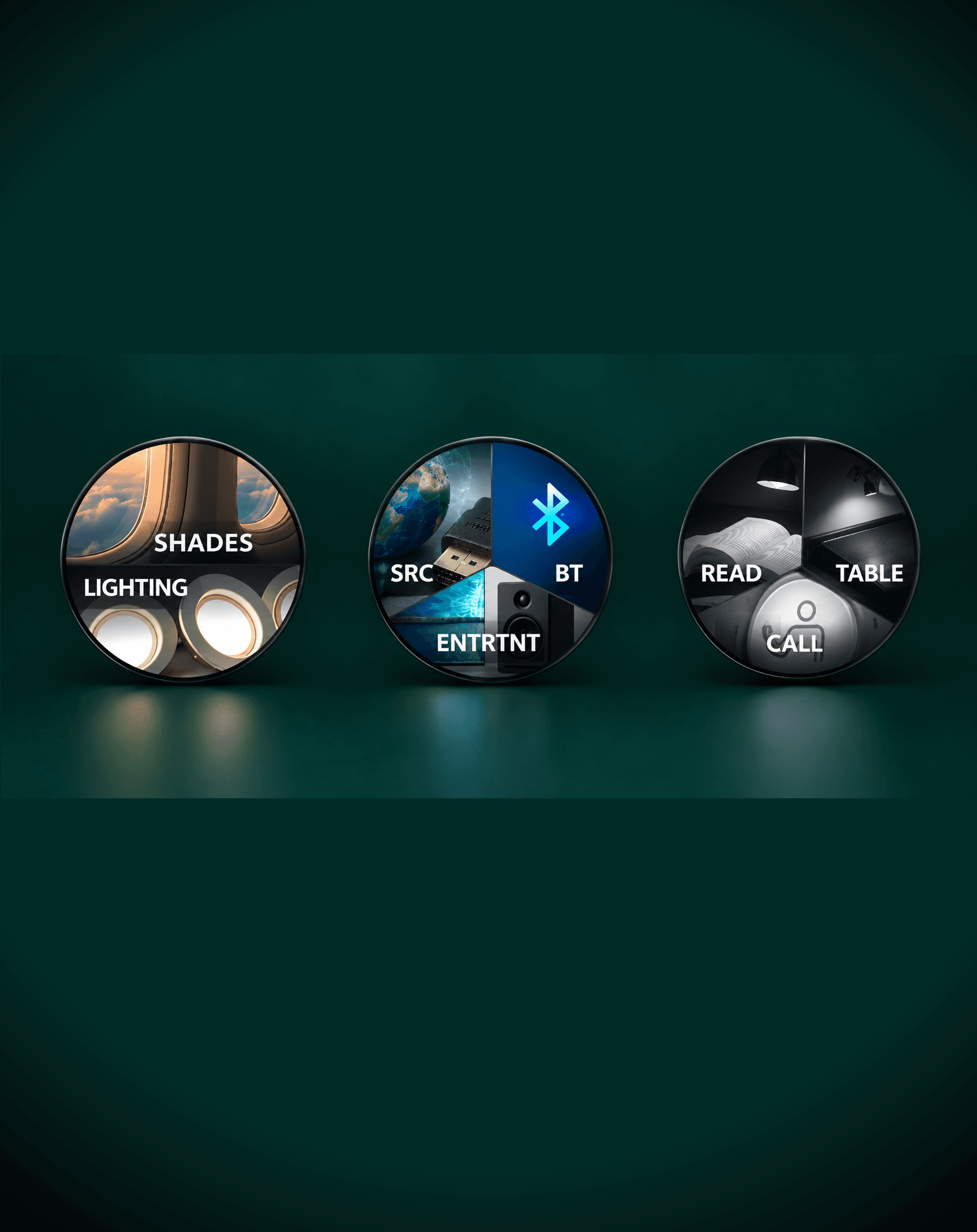 Three round seat-mounted touch panels, each showing a different multi-option menu: Shades/Lighting, Source/Bluetooth/Entertainment, and Read/Table/Call