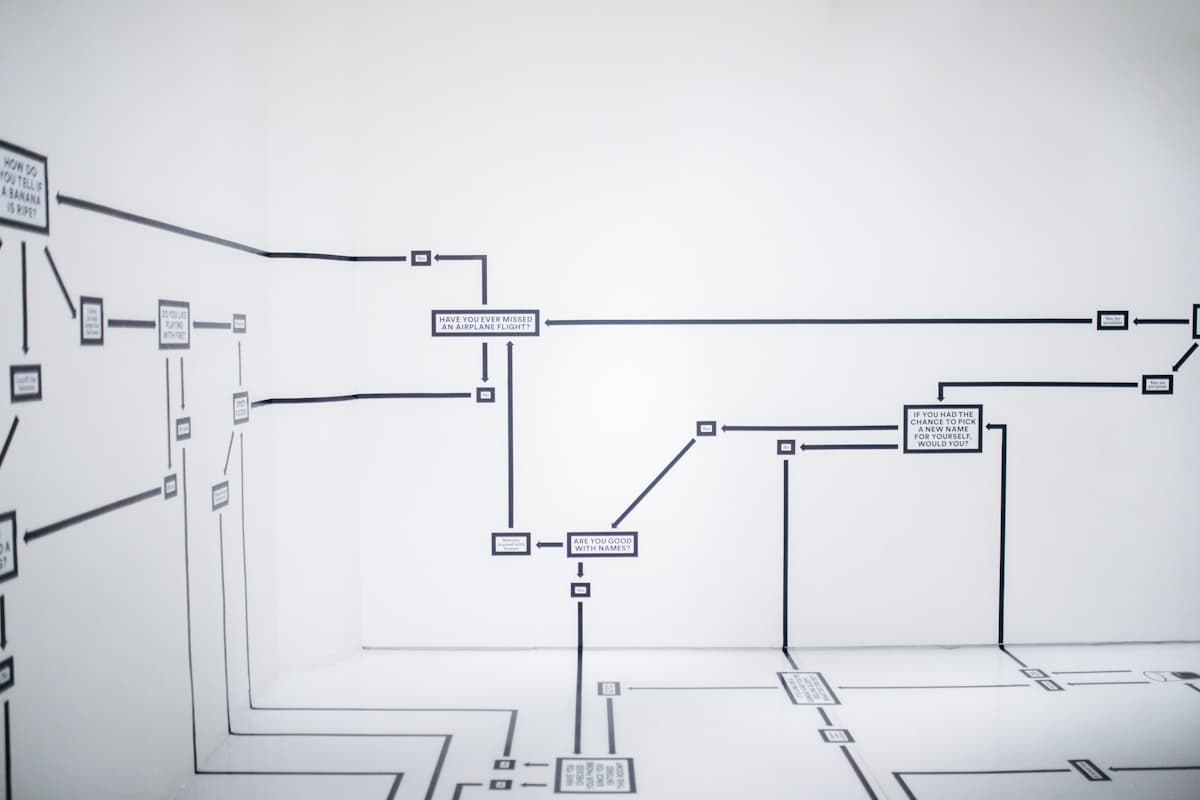 A wall-mounted flowchart diagram with connected decision boxes and arrows