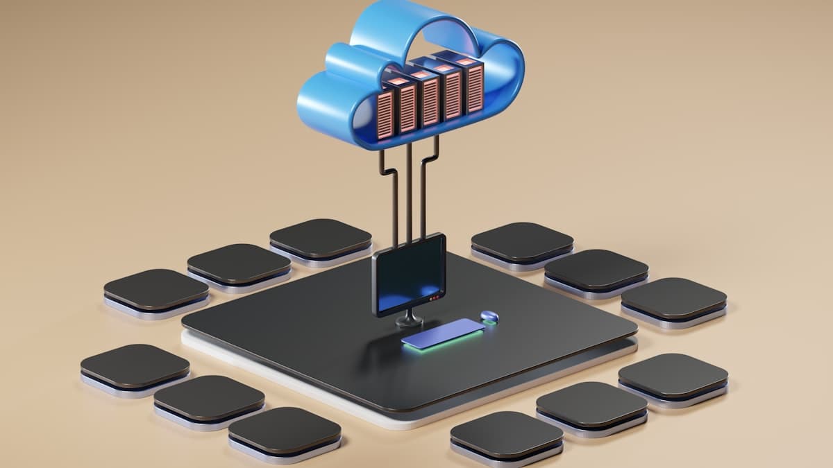 A 3D illustration of a cloud connected to servers and devices