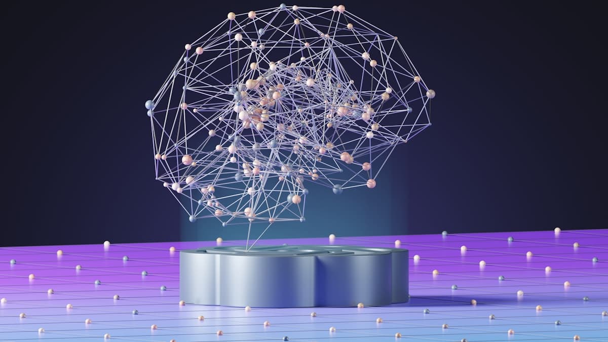 A brain-shaped 3D network of connected nodes representing an AI model