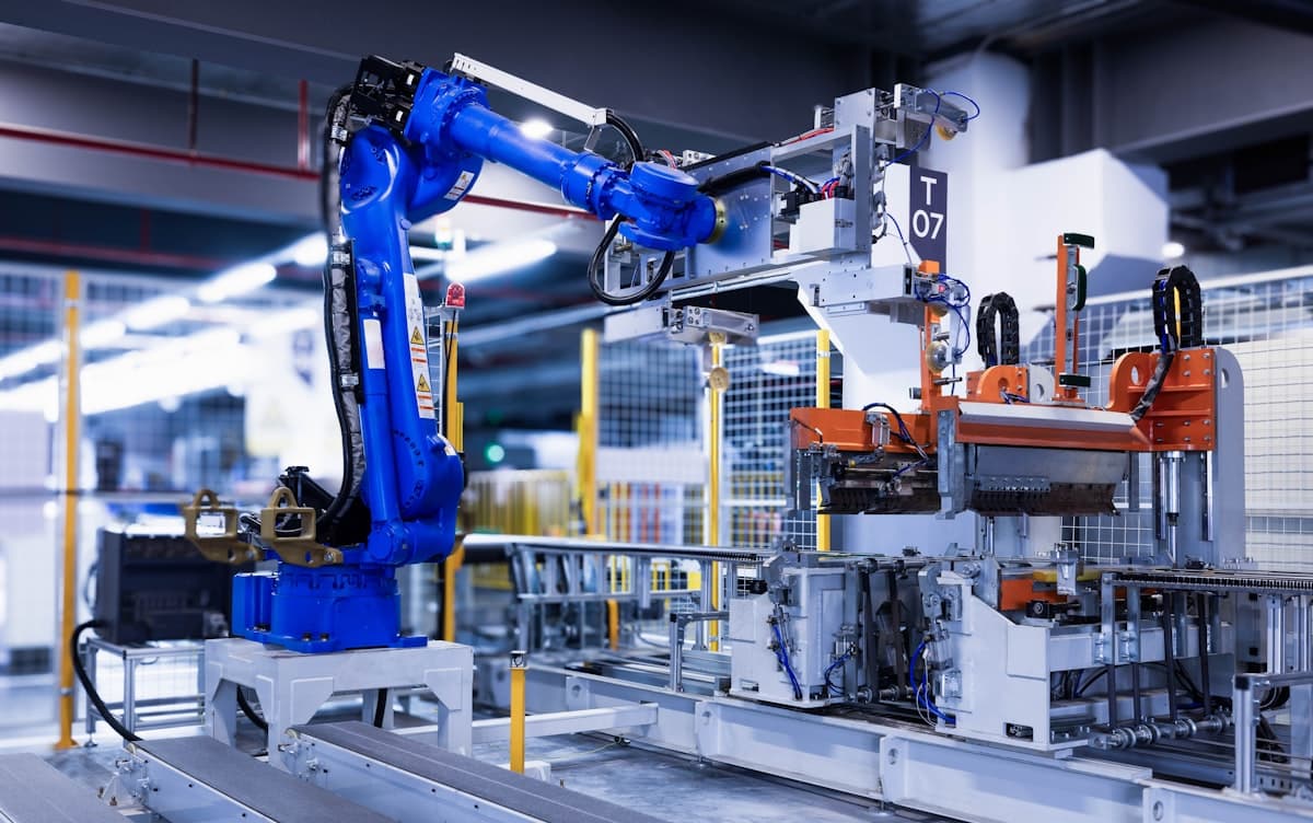 A blue industrial robotic arm operating on a factory assembly line