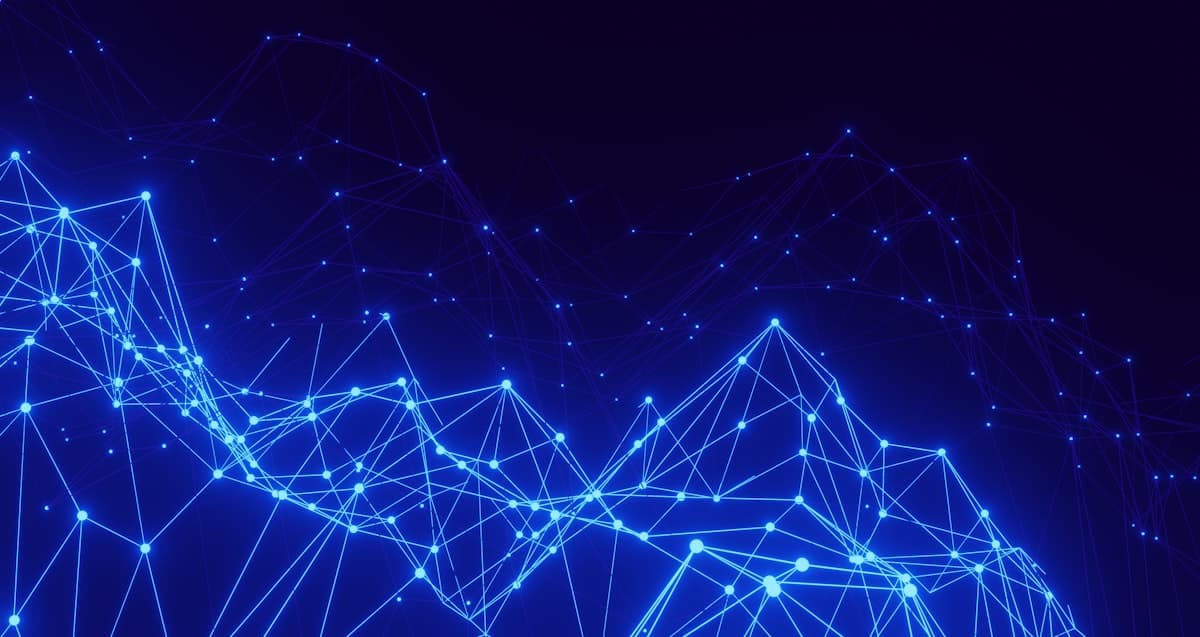 An abstract network of glowing blue connected nodes and lines