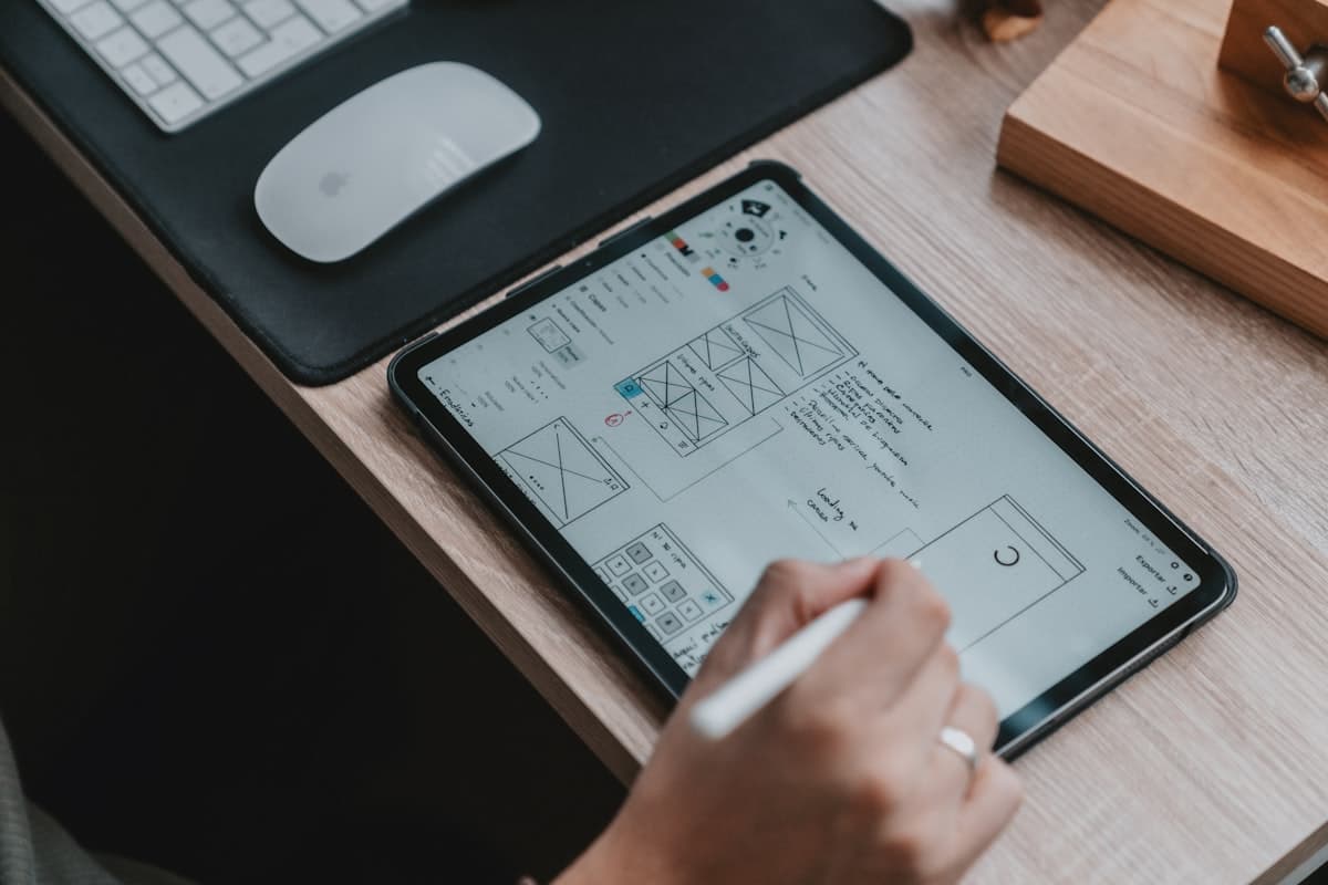 A designer sketching a wireframe layout on a tablet with a stylus