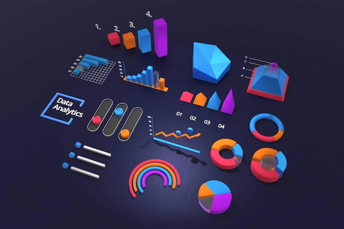 A colorful 3D illustration of data analytics charts and graphs