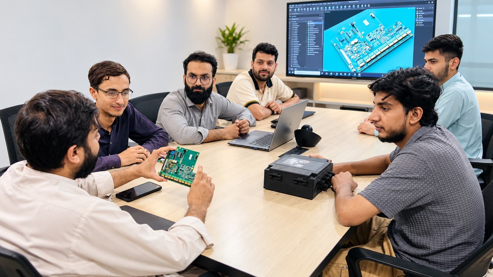 The Zero-Axis team reviewing a circuit board together around a meeting table