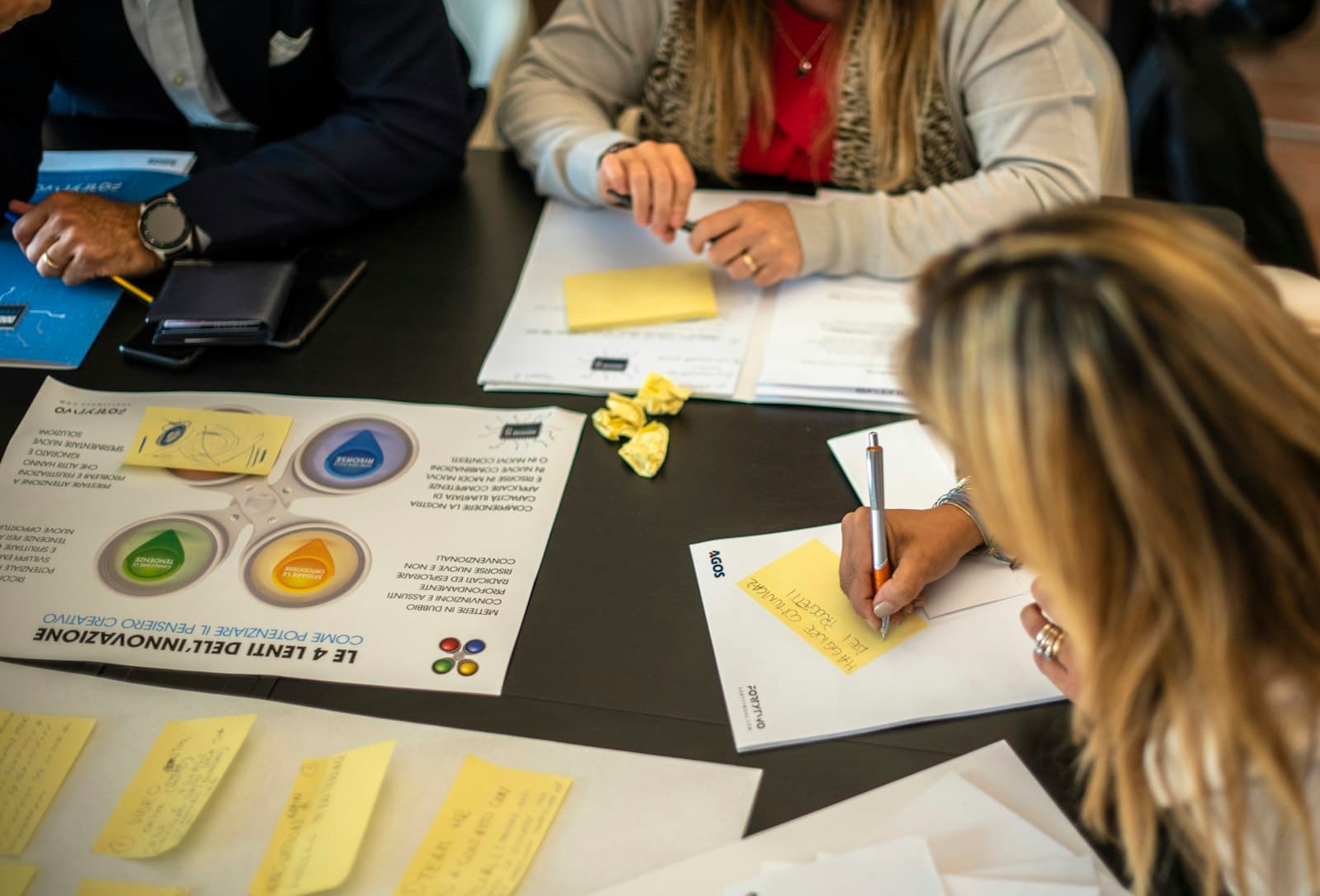 A group of people collaborating around a table with papers