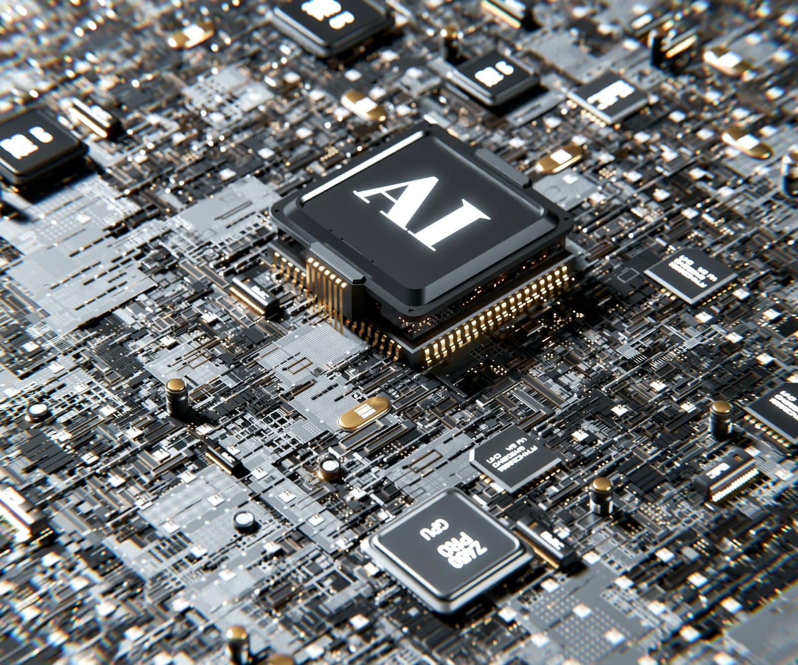 A close-up of a computer chip labeled AI on a circuit board