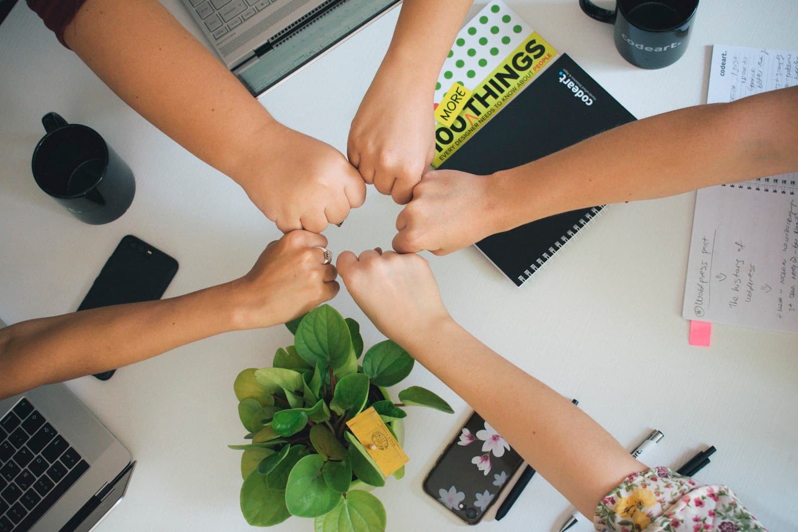 Team members bumping fists together over a desk