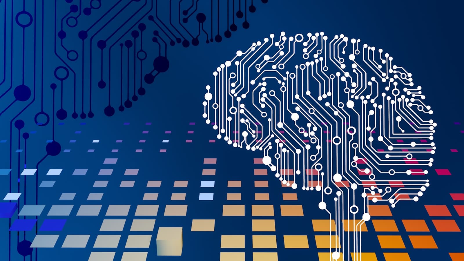 A computer circuit board illustration in the shape of a brain
