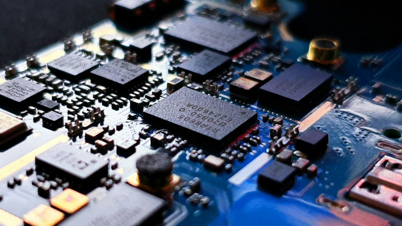 Close-up of a blue printed circuit board