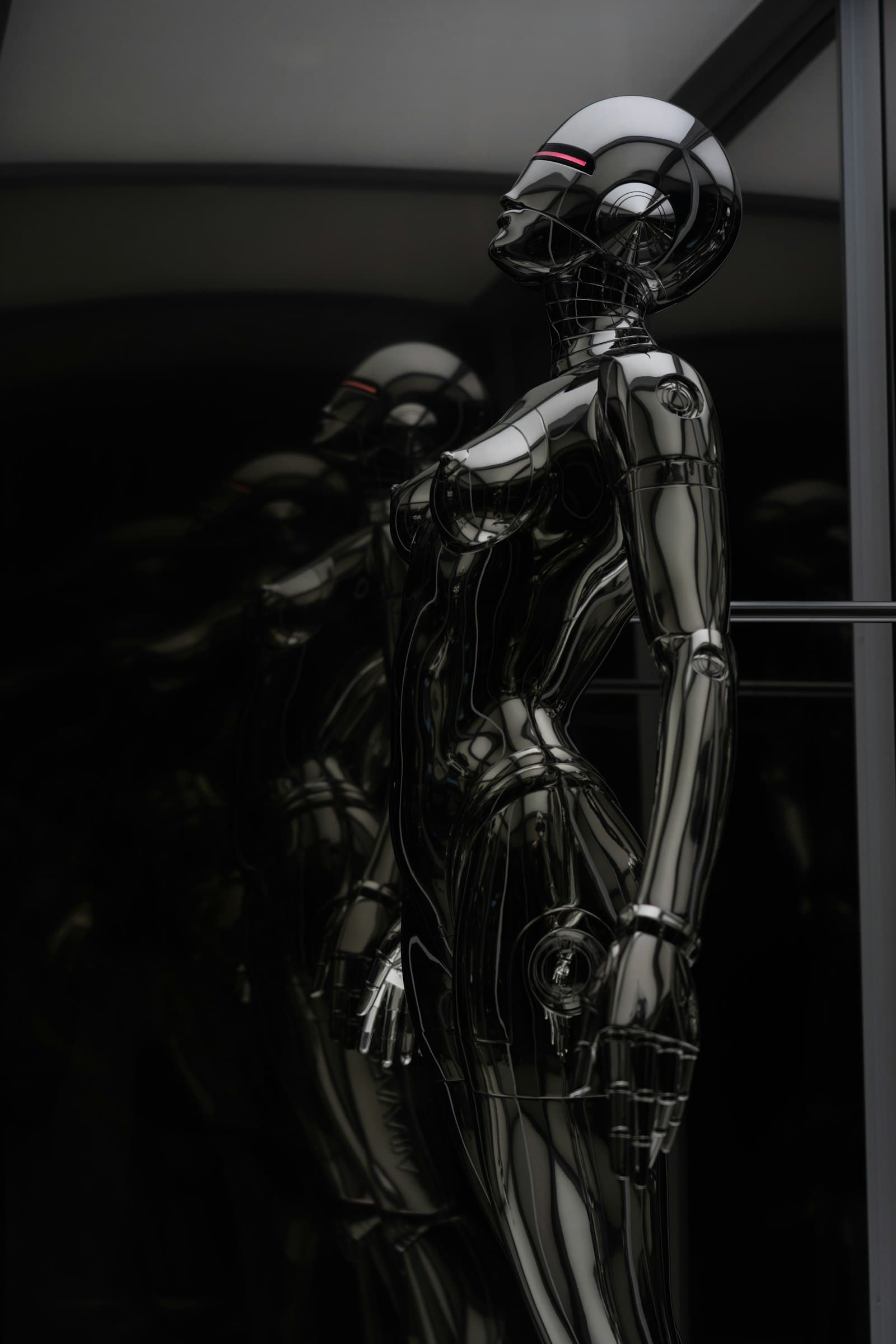 A close-up of a metallic humanoid robot figure