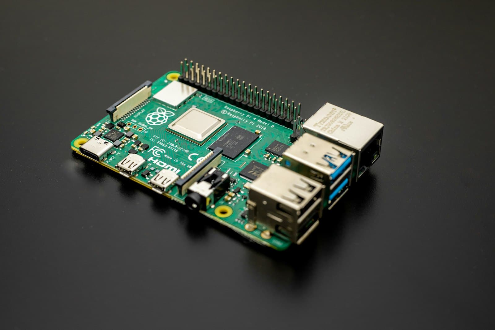 A close-up of a Raspberry Pi single-board computer