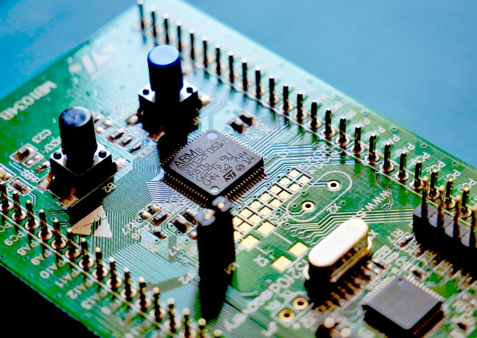 Close-up of a green and black computer motherboard
