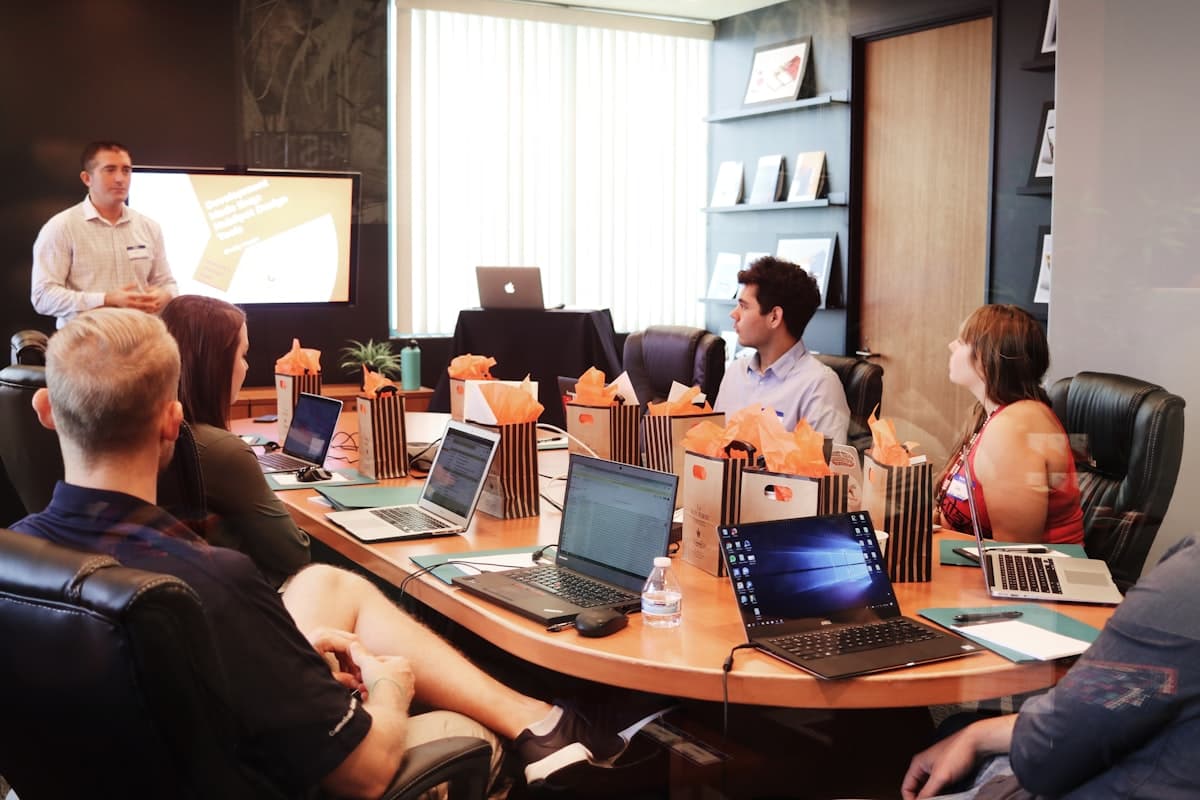 A consultant presenting a project plan to a team around a conference table