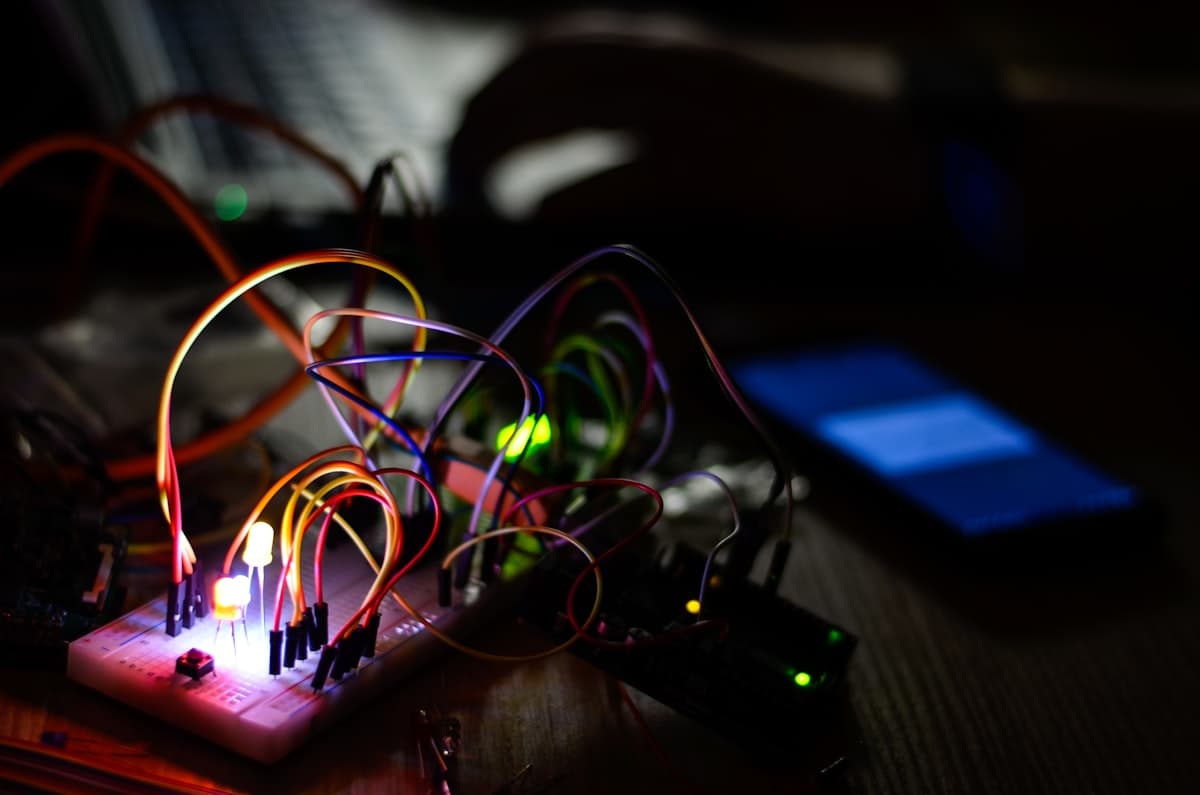 A breadboard wired up with electronic components
