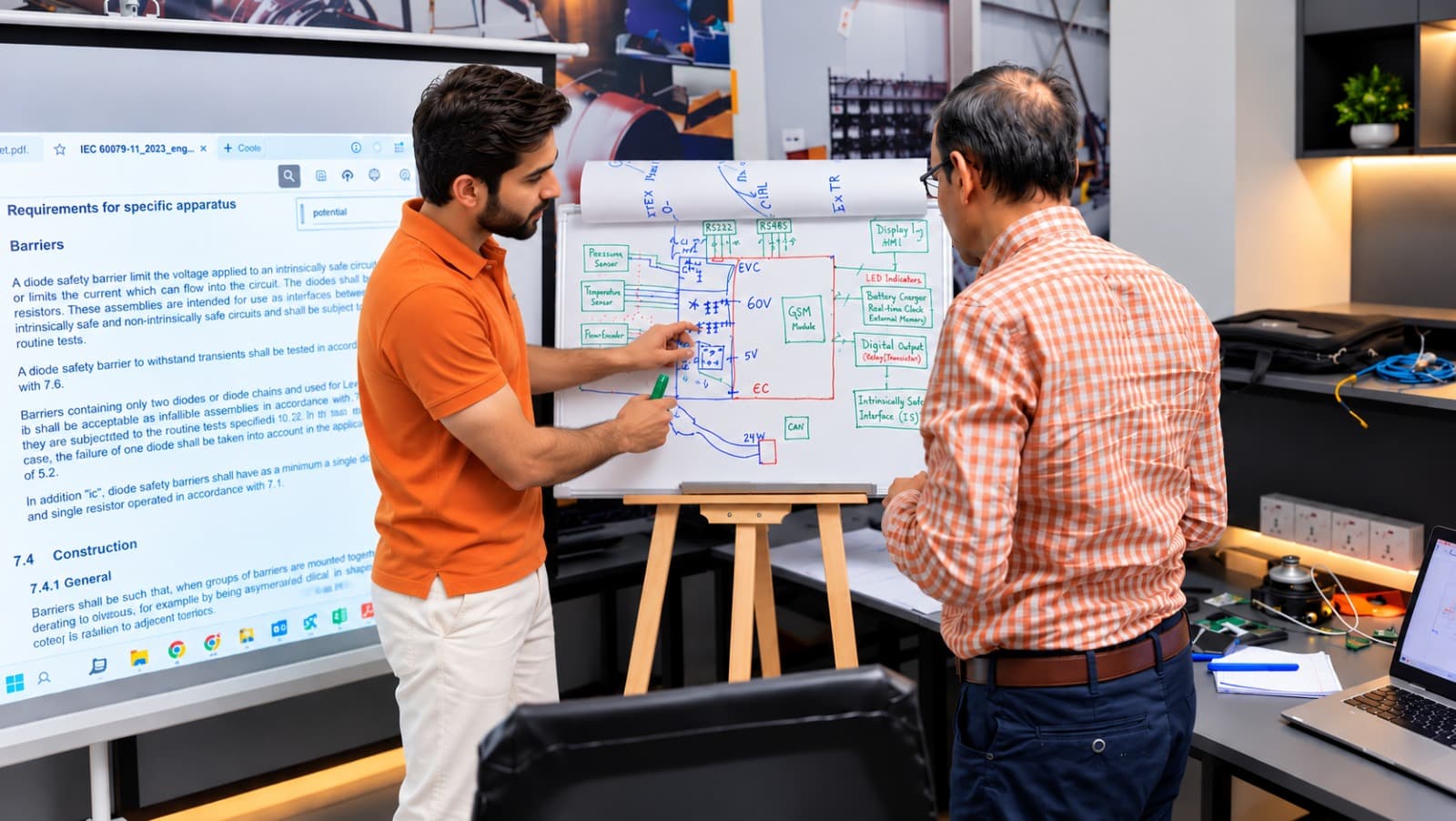 A team discussing a project plan sketched out on a whiteboard